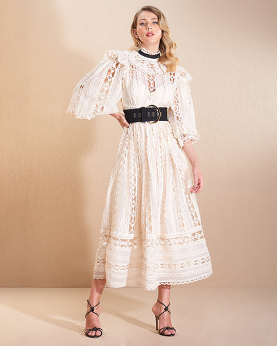 Beige Sheer Viscose and Lace Ruffle Midi Dress