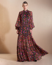 Multi Color Floral Halter Long Sleeve Dress