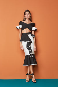 Black and White Ruffle Peplum Bandage Skirt