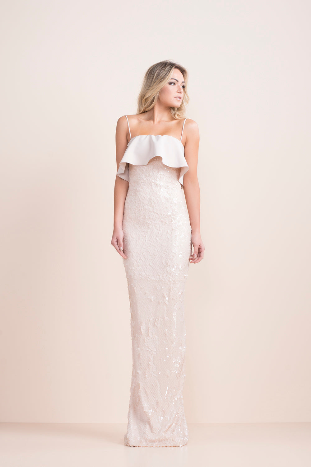Nude Sequin Ruffle Dress
