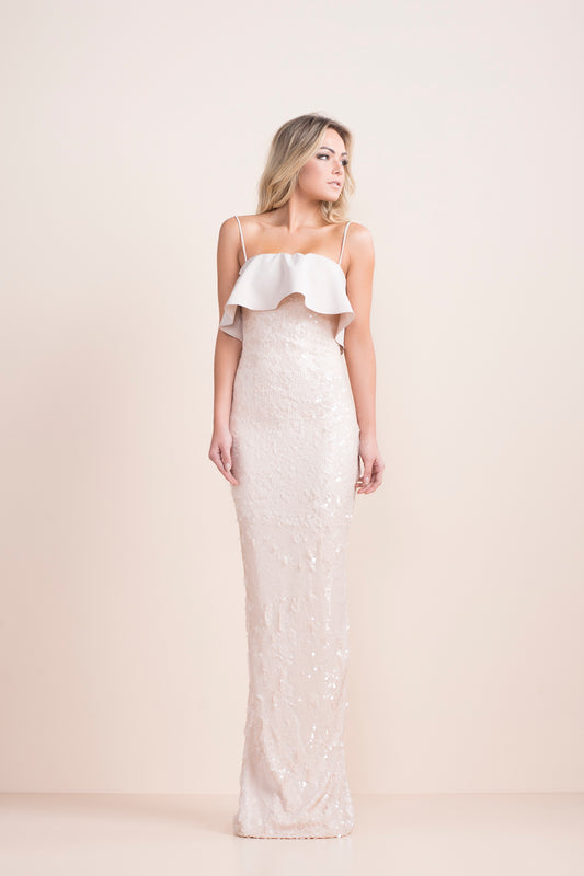 Nude Sequin Ruffle Dress