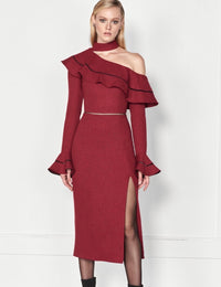 Burgundy Off Shoulder Long Sleeved Midi Dress