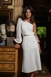 Off White Midi Skirt with Feather Pockets and Front Bottoms