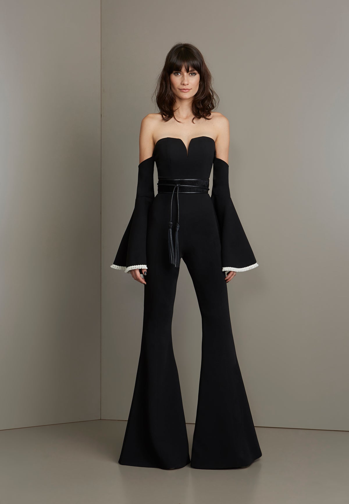 Black Jumpsuit Off the Shoulder Bell Bottom Sleeves With White Trim