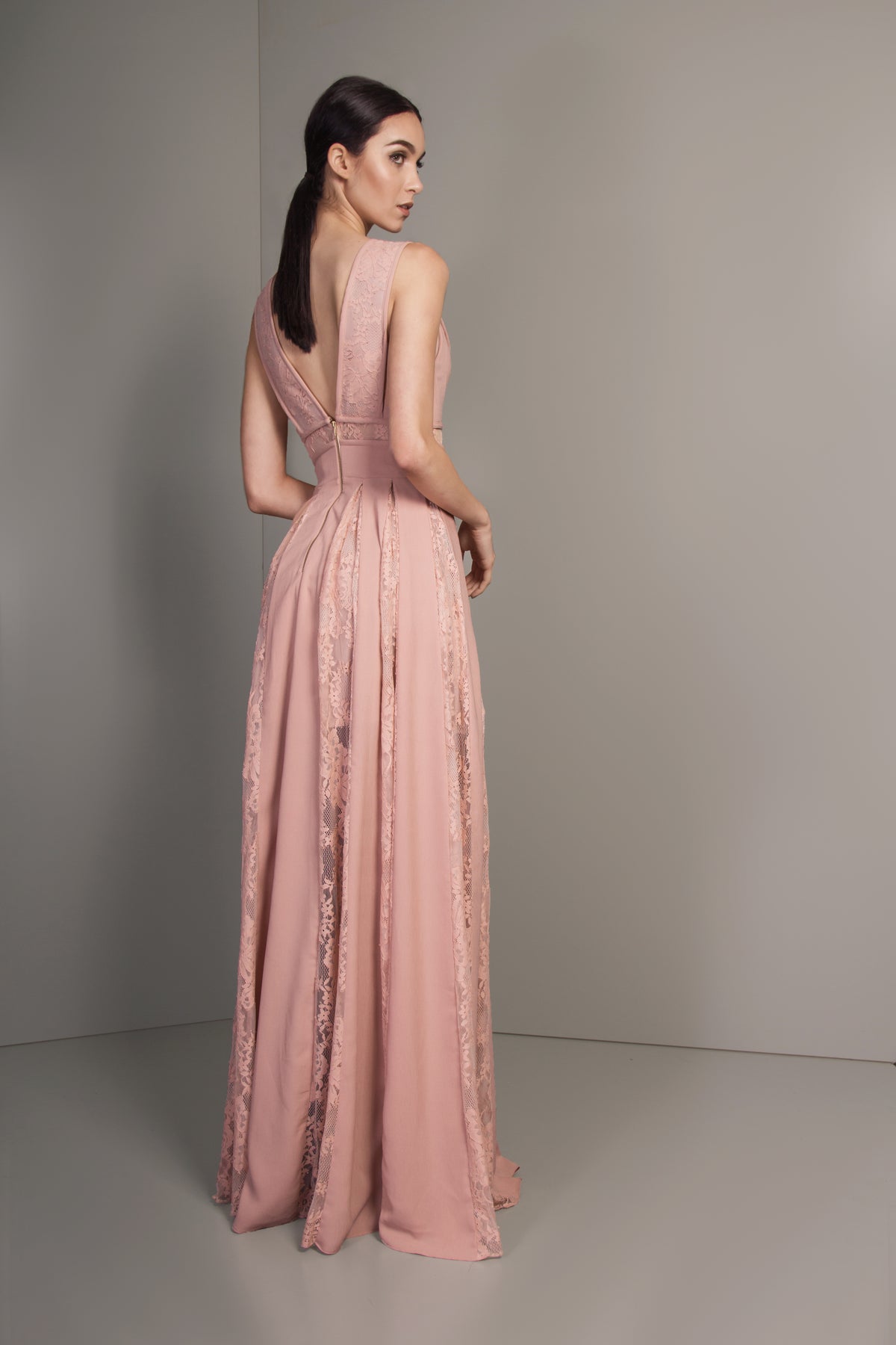 Nude Lace Pleated Long Dress