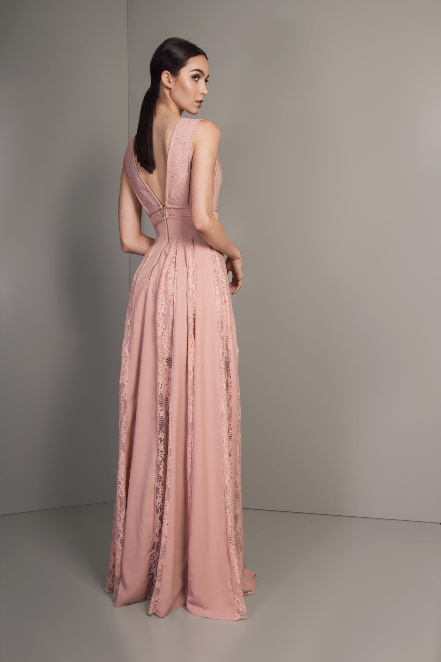 Nude Lace Pleated Long Dress