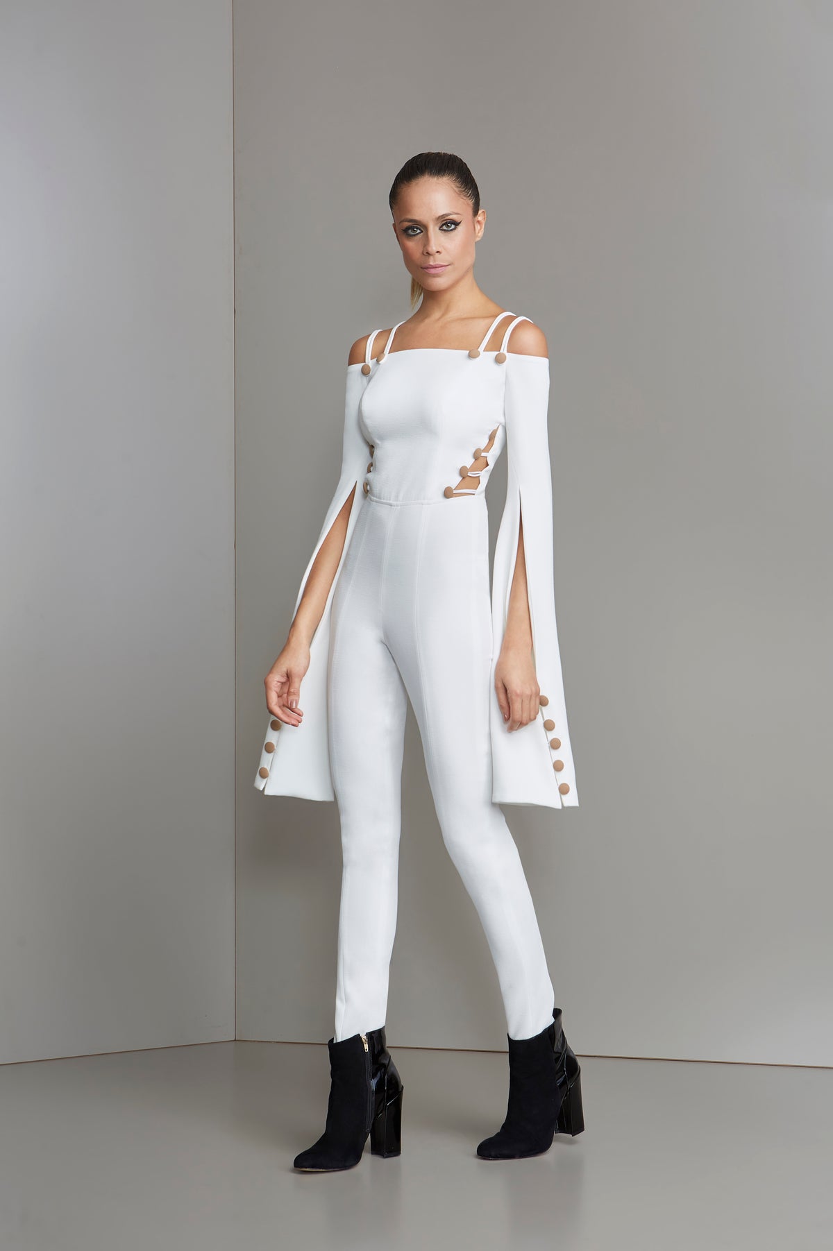 White Cold Shoulder Oversized Sleeve Nude Buttons Jumpsuit