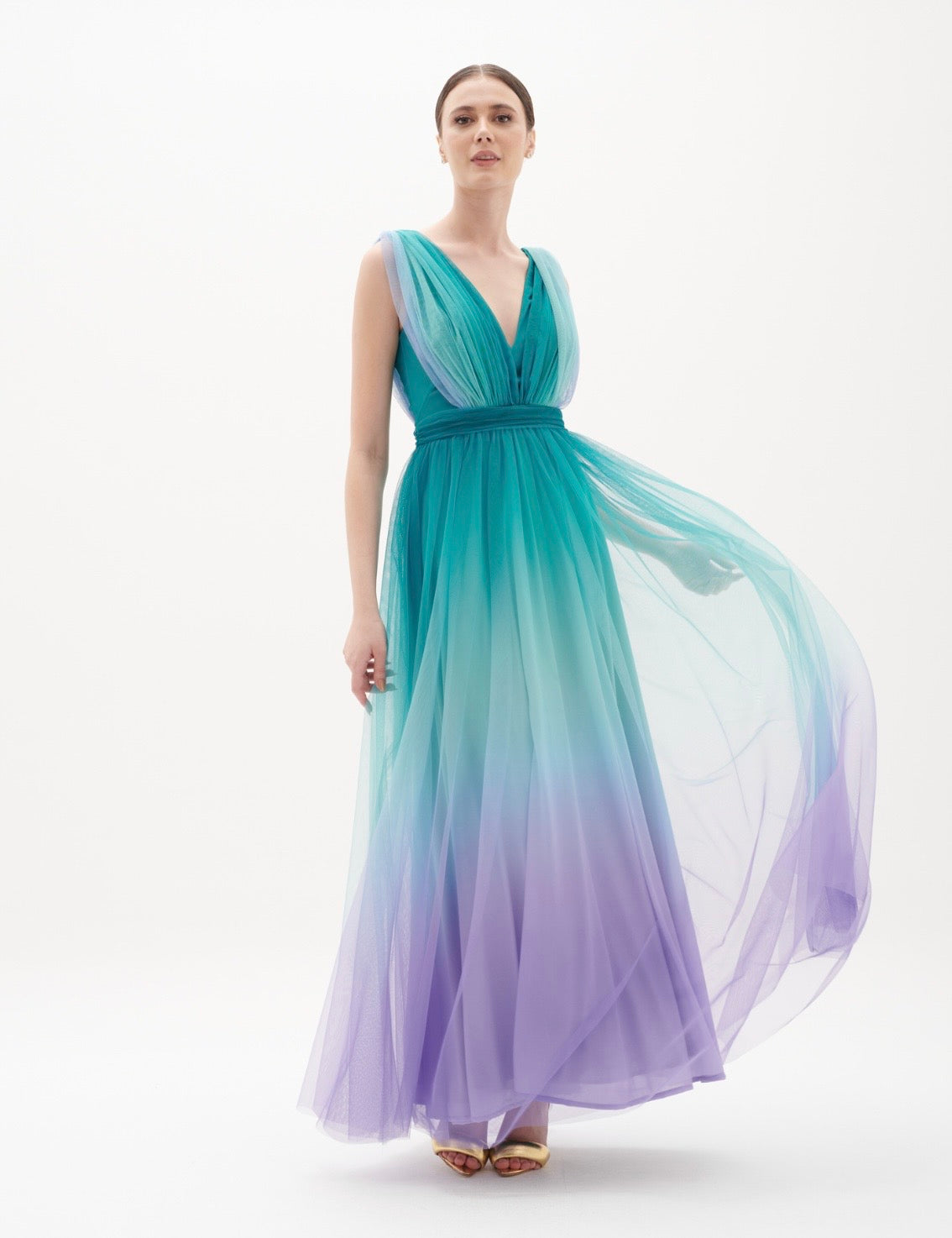 Green and Purple Tie Dye Tulle Gown