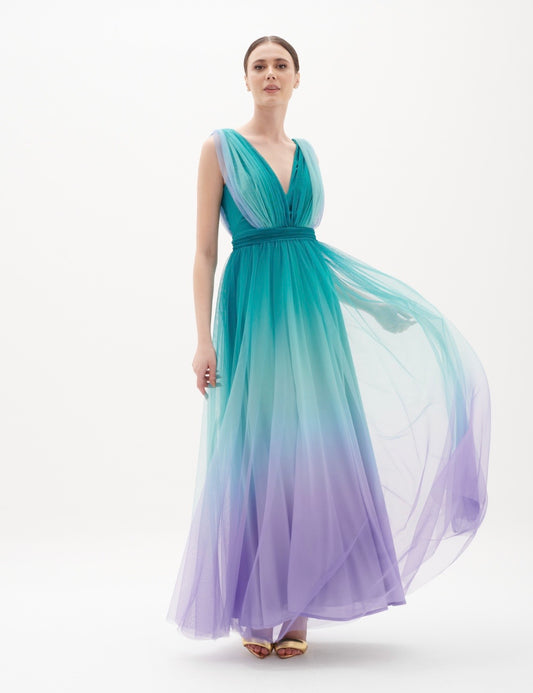 Green and Purple Tie Dye Tulle Gown