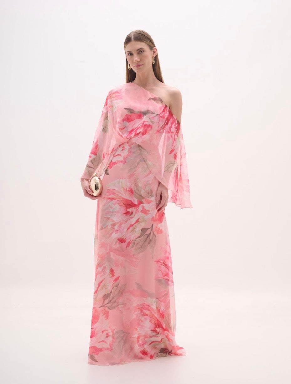 Dusty Pink Floral One Shoulder Draped Long Dress