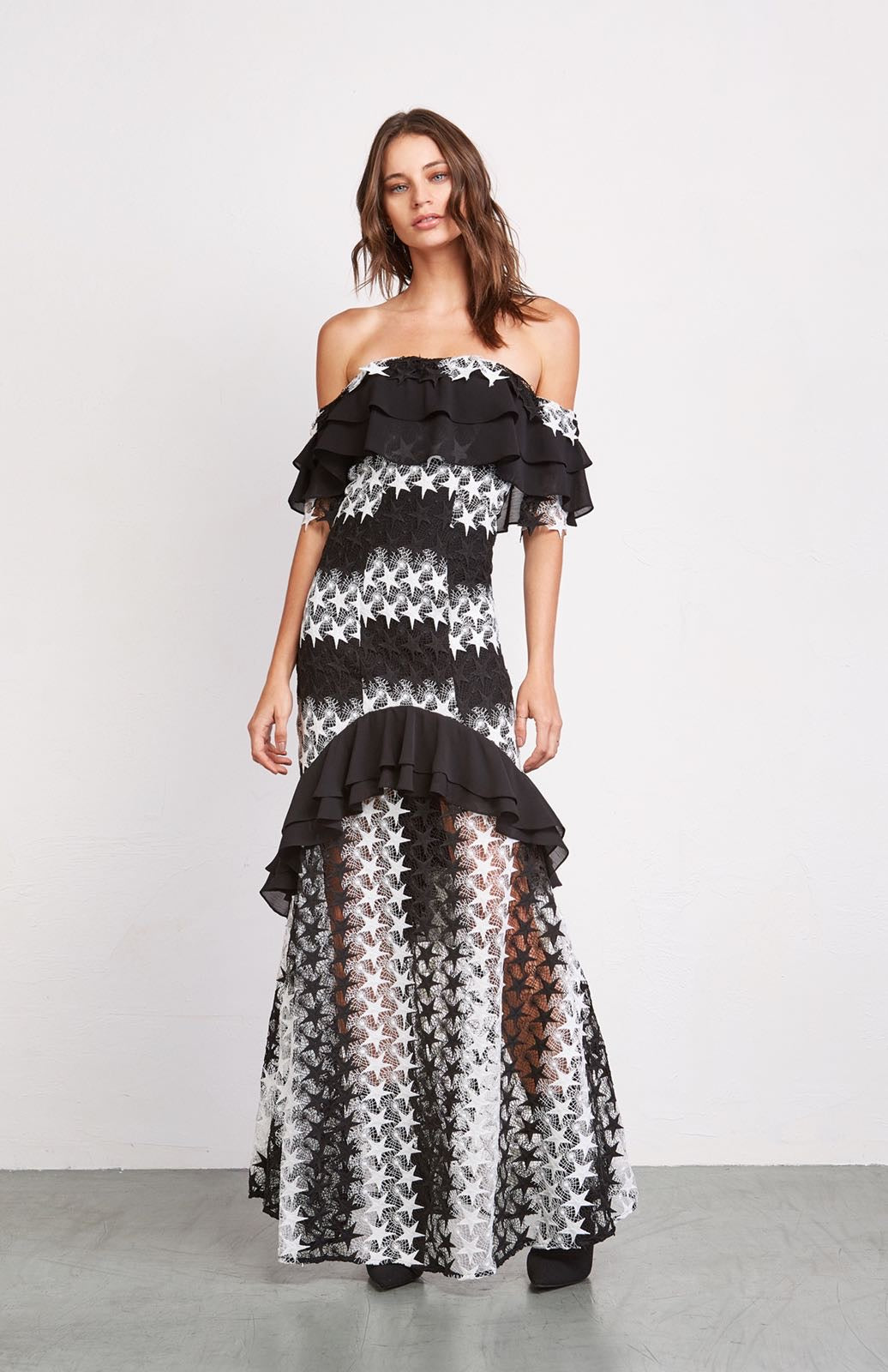 Black and White Star Lace Off the Shoulder Long Dress