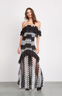 Black and White Star Lace Off the Shoulder Long Dress
