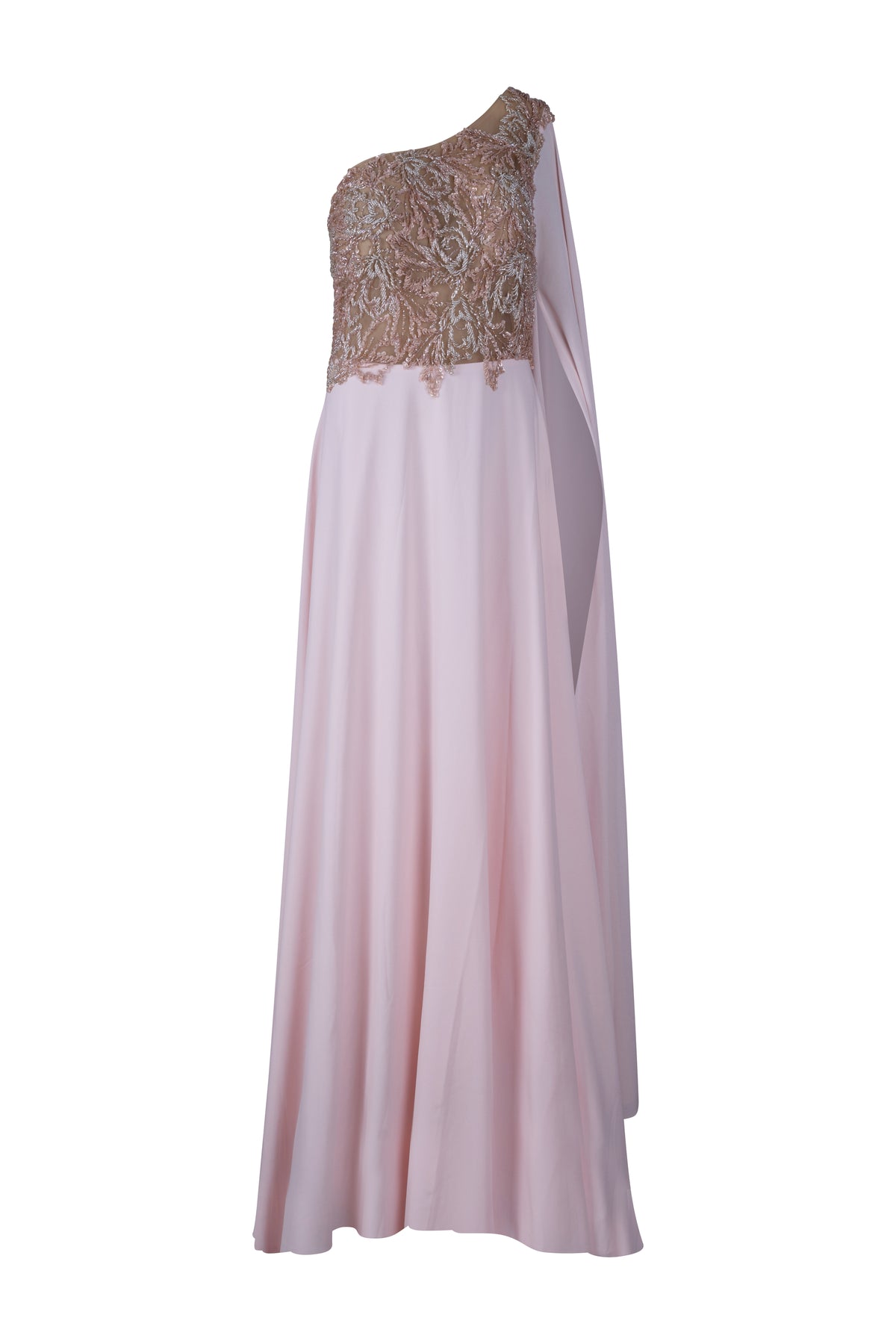 Pink One Shoulder Cape Beaded Gown