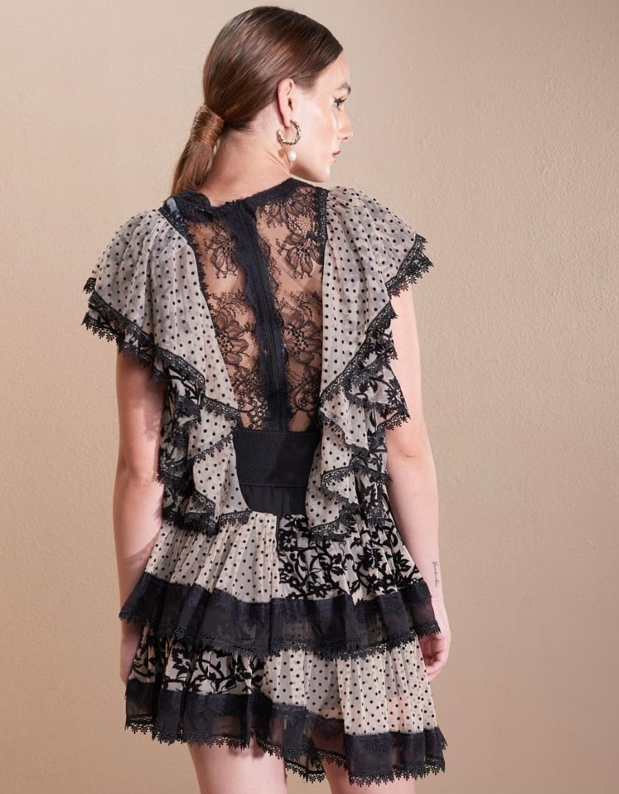Black and Nude Ruffled Floral Polka Dotted Tulle Lace Dress