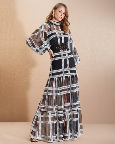 Black Tulle White Lace Trim Long Sleeves and Long Dress