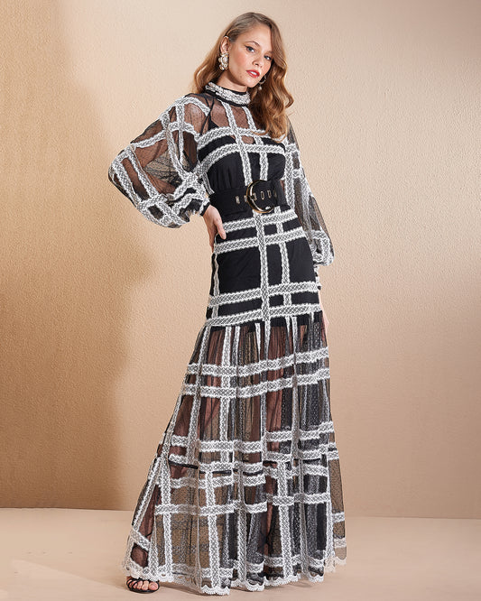 Black Tulle White Lace Trim Long Sleeves and Long Dress