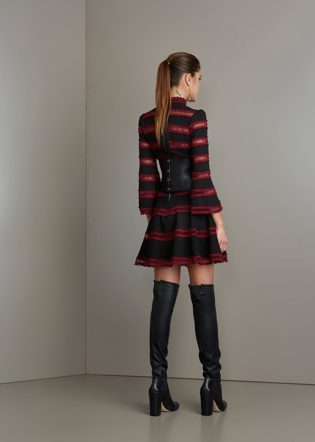 Black and Burgundy Lace Trim Three-Quarter Sleeved Dress