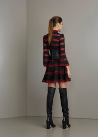 Black and Burgundy Lace Trim Three-Quarter Sleeved Dress