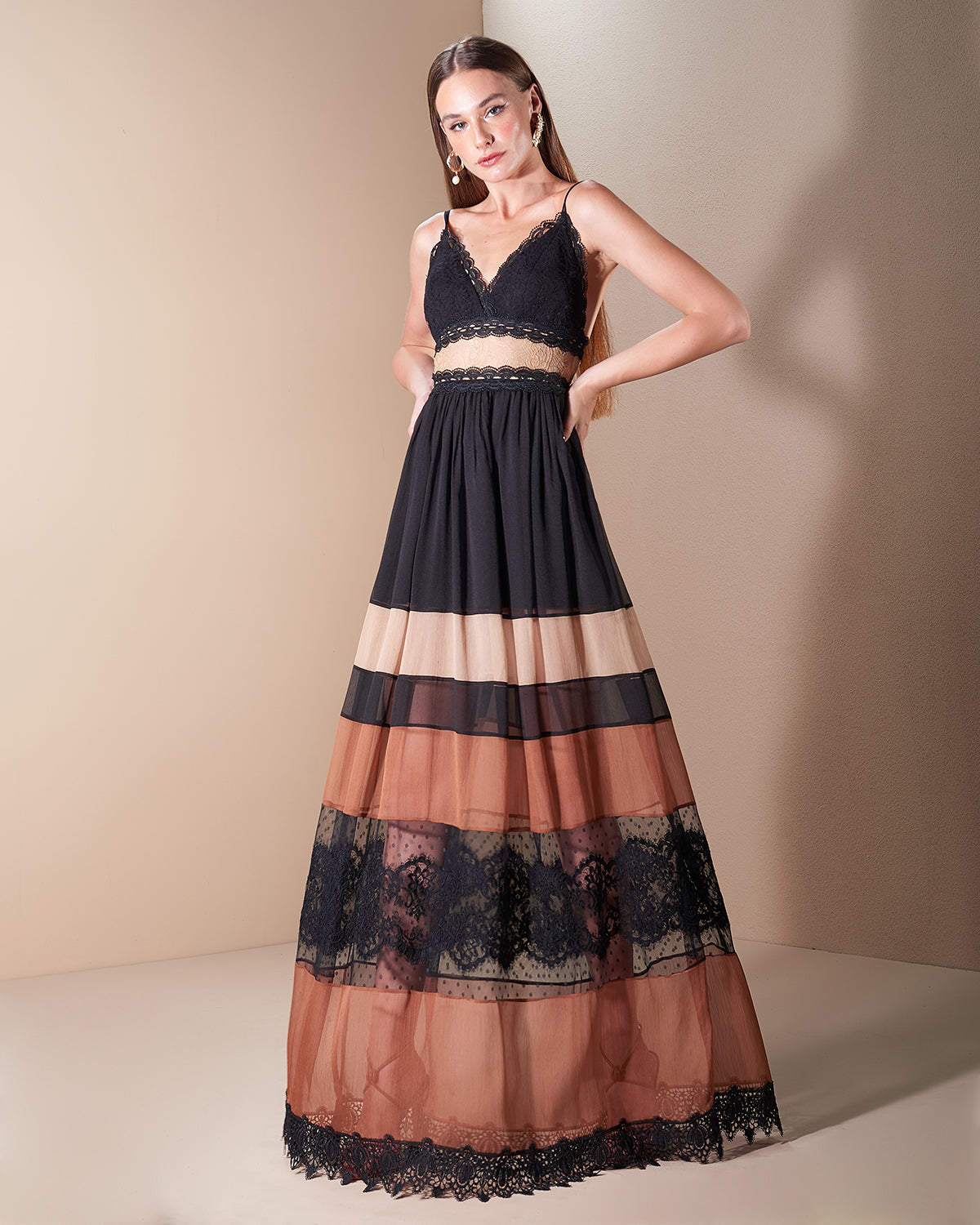 Earth Tones and Black with Lace Color Blocking Long Dress
