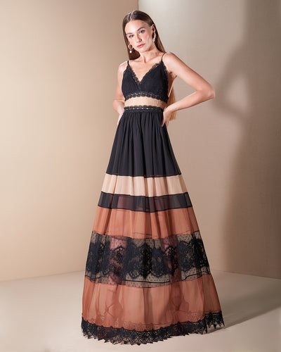 Earth Tones and Black with Lace Color Blocking Long Dress