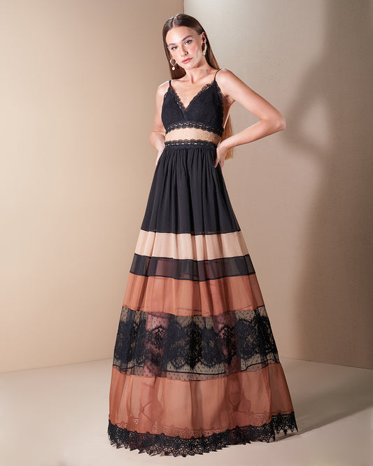 Earth Tones and Black with Lace Color Blocking Long Dress