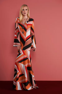 Multicolor Geometric Pattern Bell Sleeves Dress with Ruffle Bottom