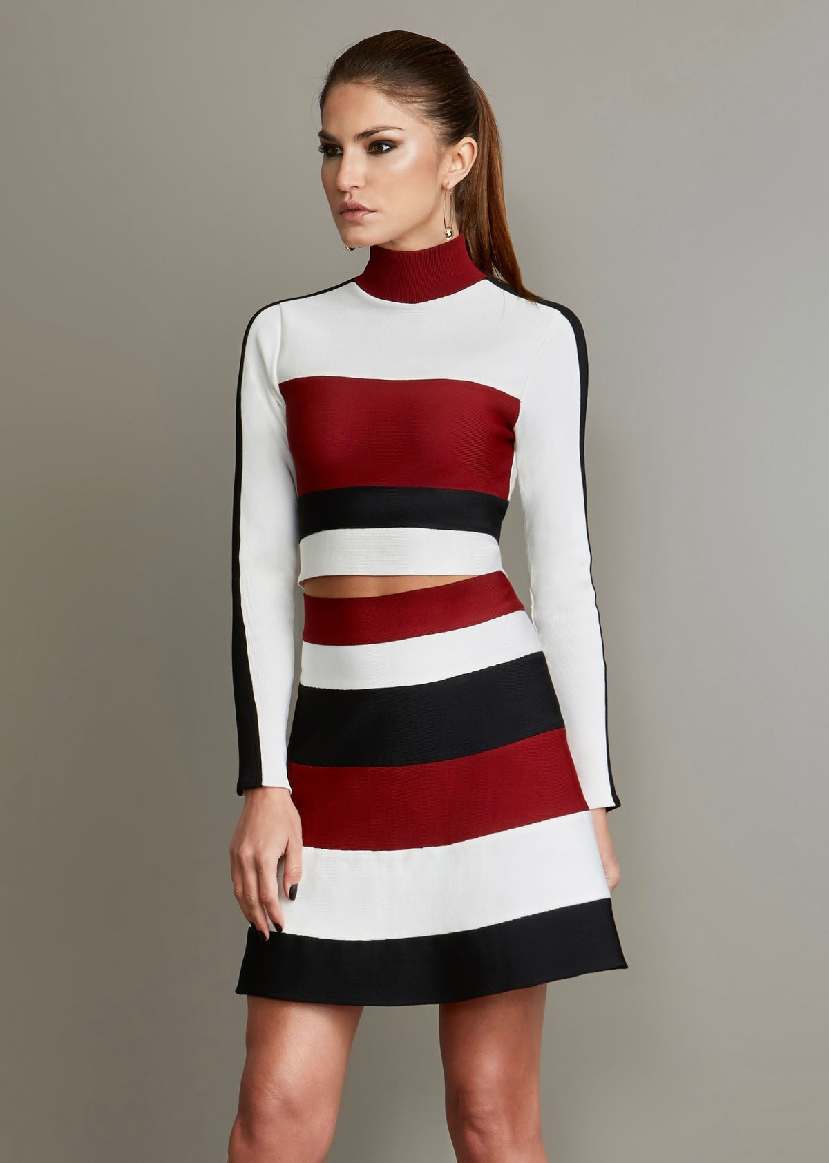 Black, Burgundy, White Crop Top with Matching Skirt