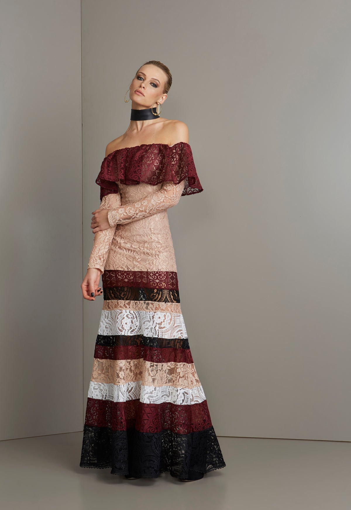 Nude Tri Color Lace Off the Shoulder Long Dress