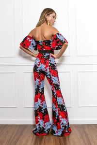 Black and Red Off the Shoulder Lace Jumpsuit