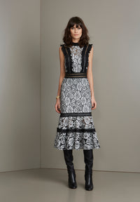 Black and Gray Lace Floral Ruffle Midi Dress