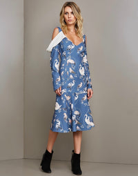 Blue Cold Shoulder Birds Pattern Midi Dress