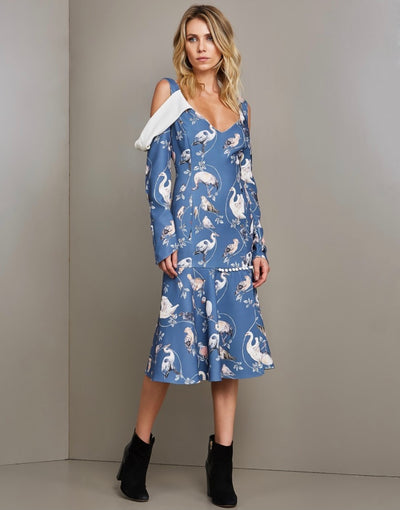 Blue Cold Shoulder Birds Pattern Midi Dress