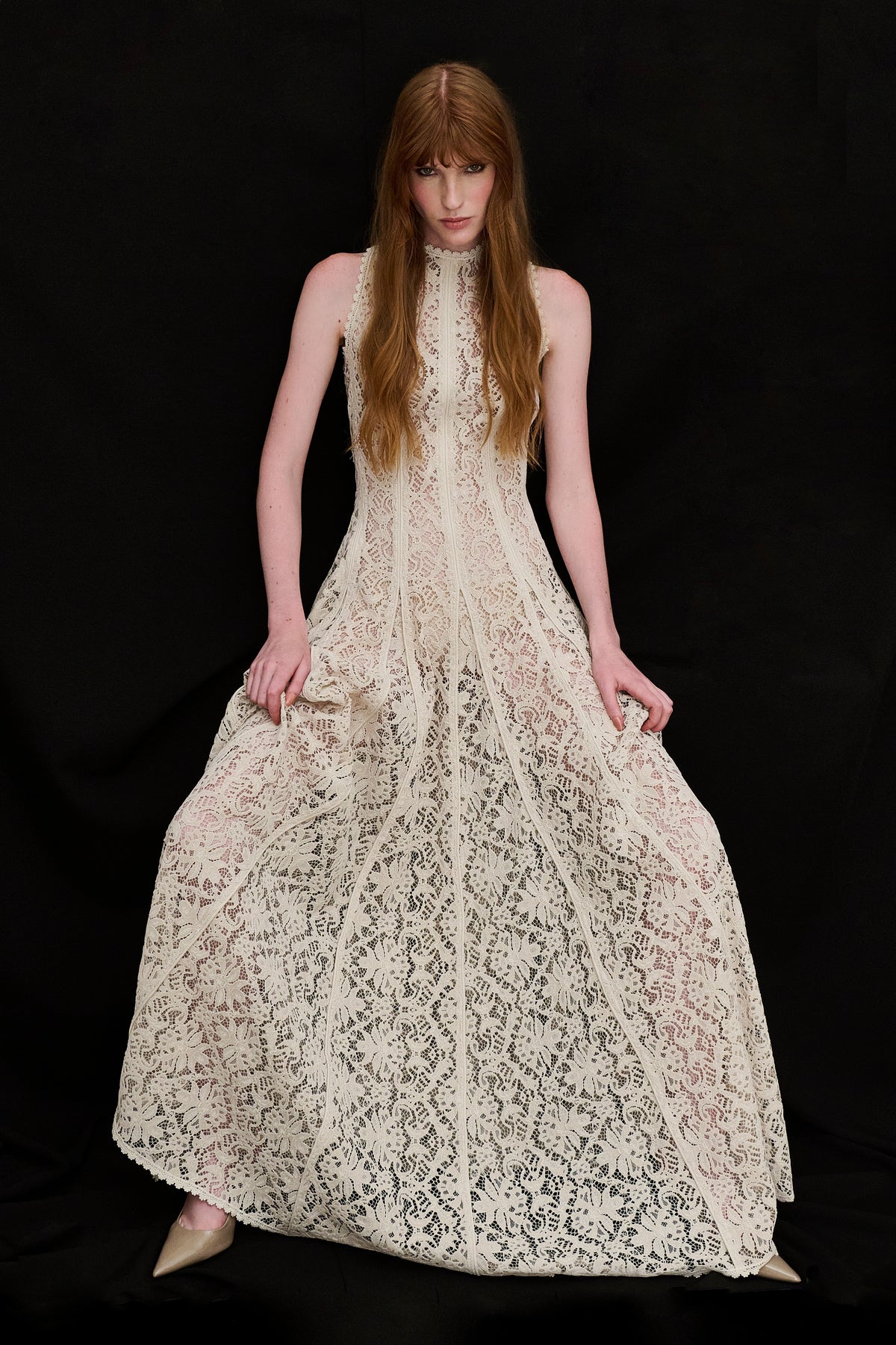 Cream Velvet Lace Sleeveless Lined Long Dress