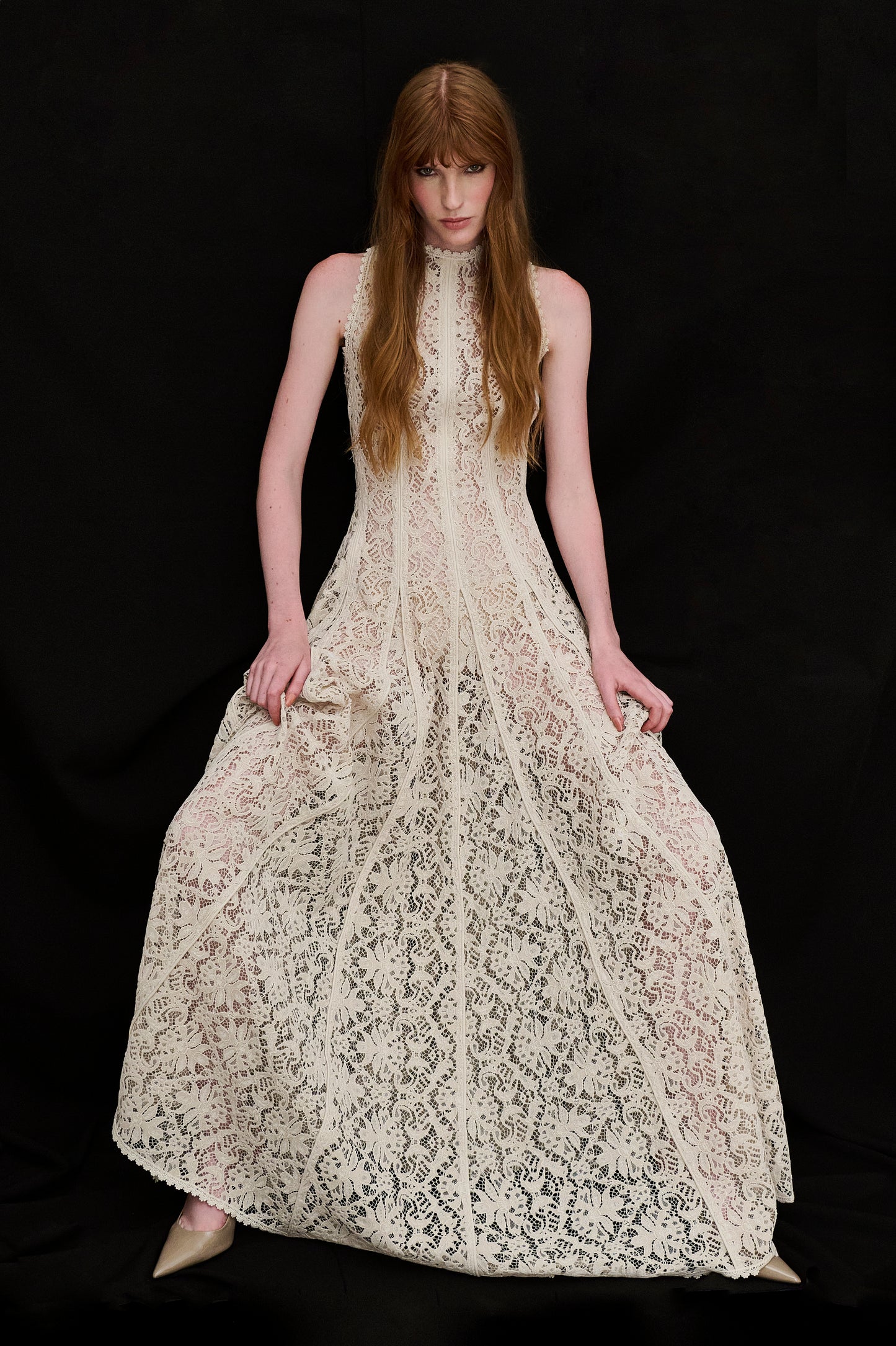 Cream Velvet Lace Sleeveless Lined Long Dress