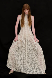 Cream Velvet Lace Sleeveless Lined Long Dress