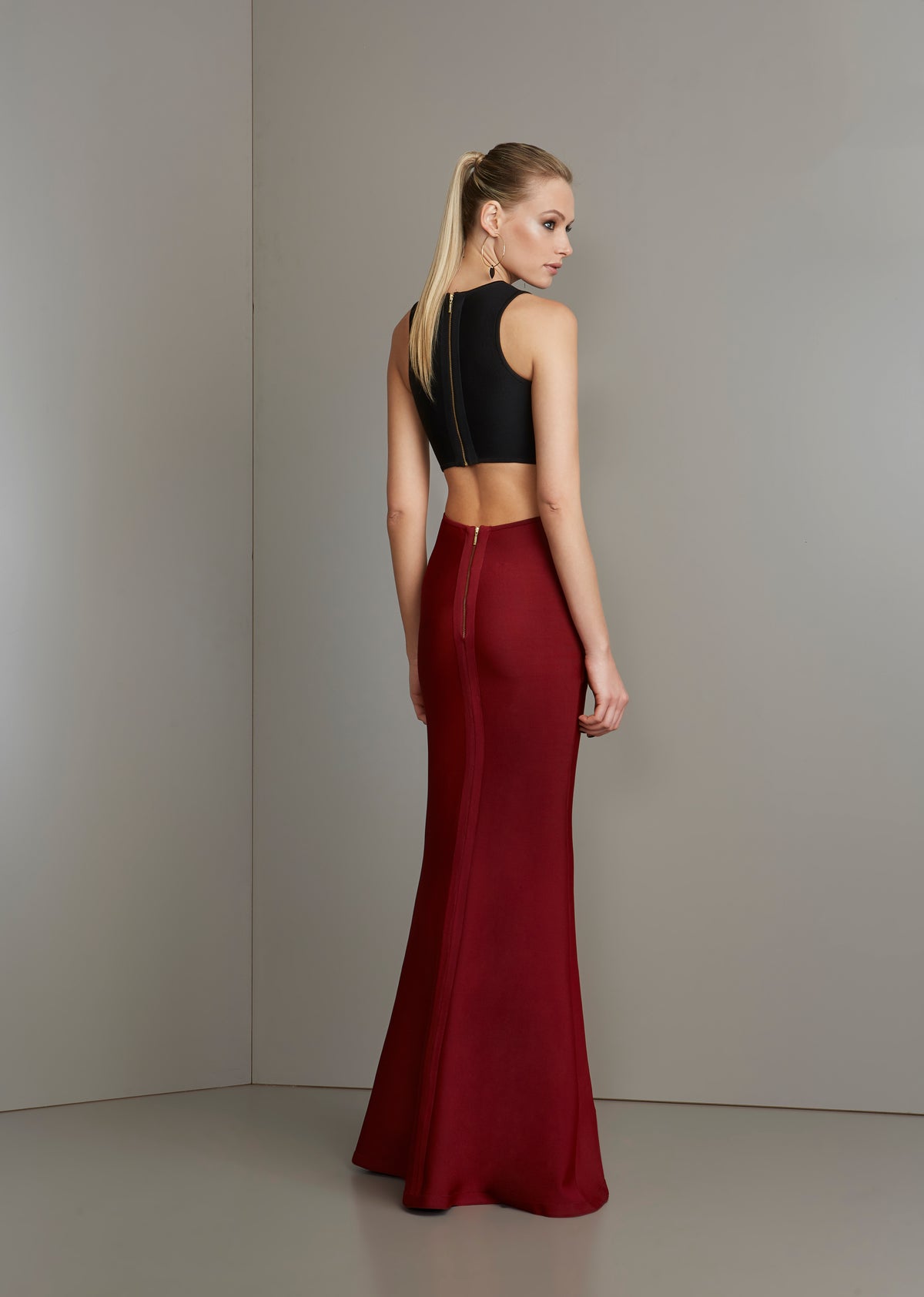 Black and Burgundy Bandage Dress with Back Cutout