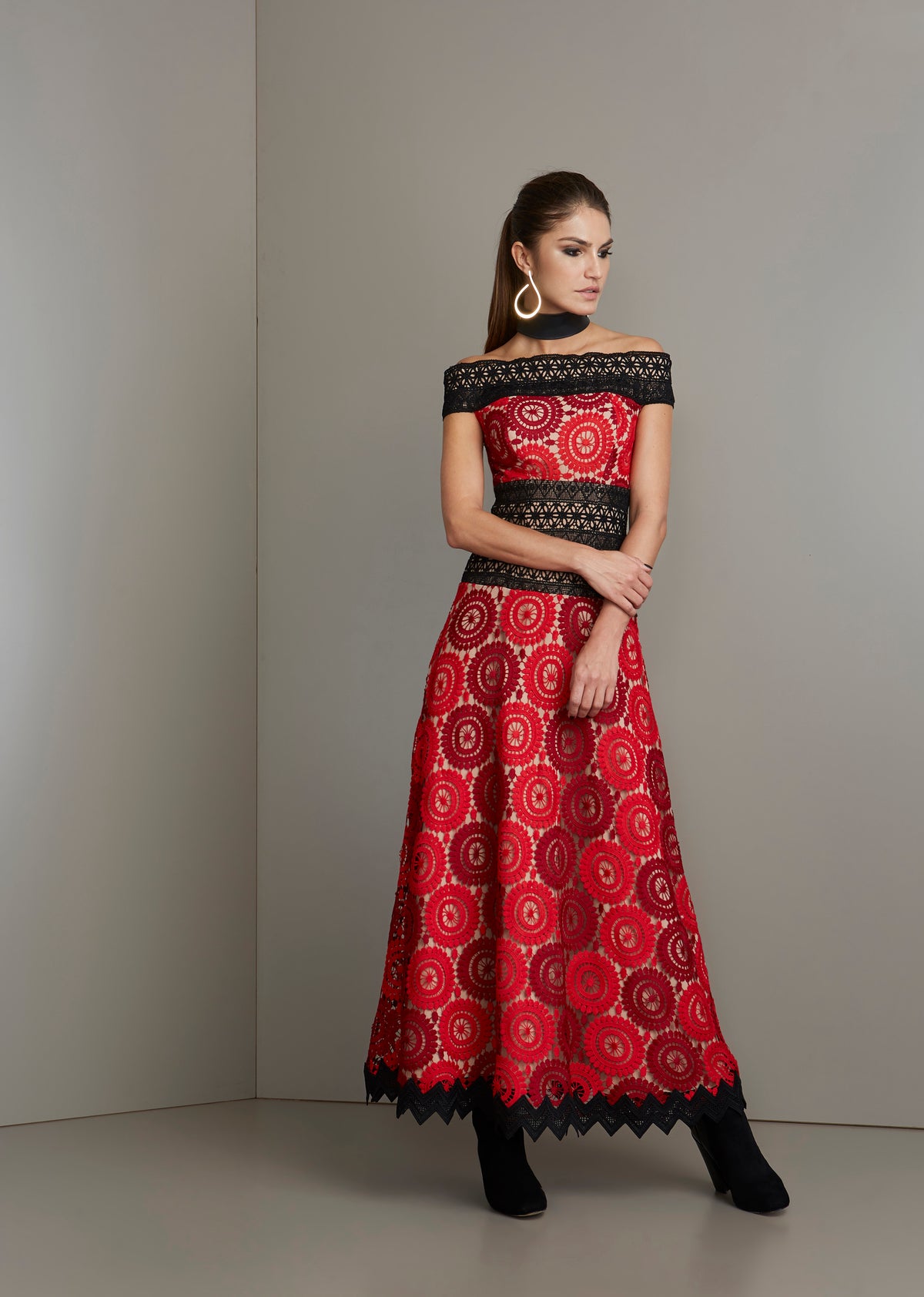 Black Red off the Shoulder Lace Dress Nude Lining and Black Trim
