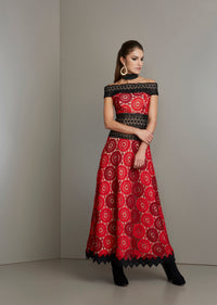Black Red off the Shoulder Lace Dress Nude Lining and Black Trim