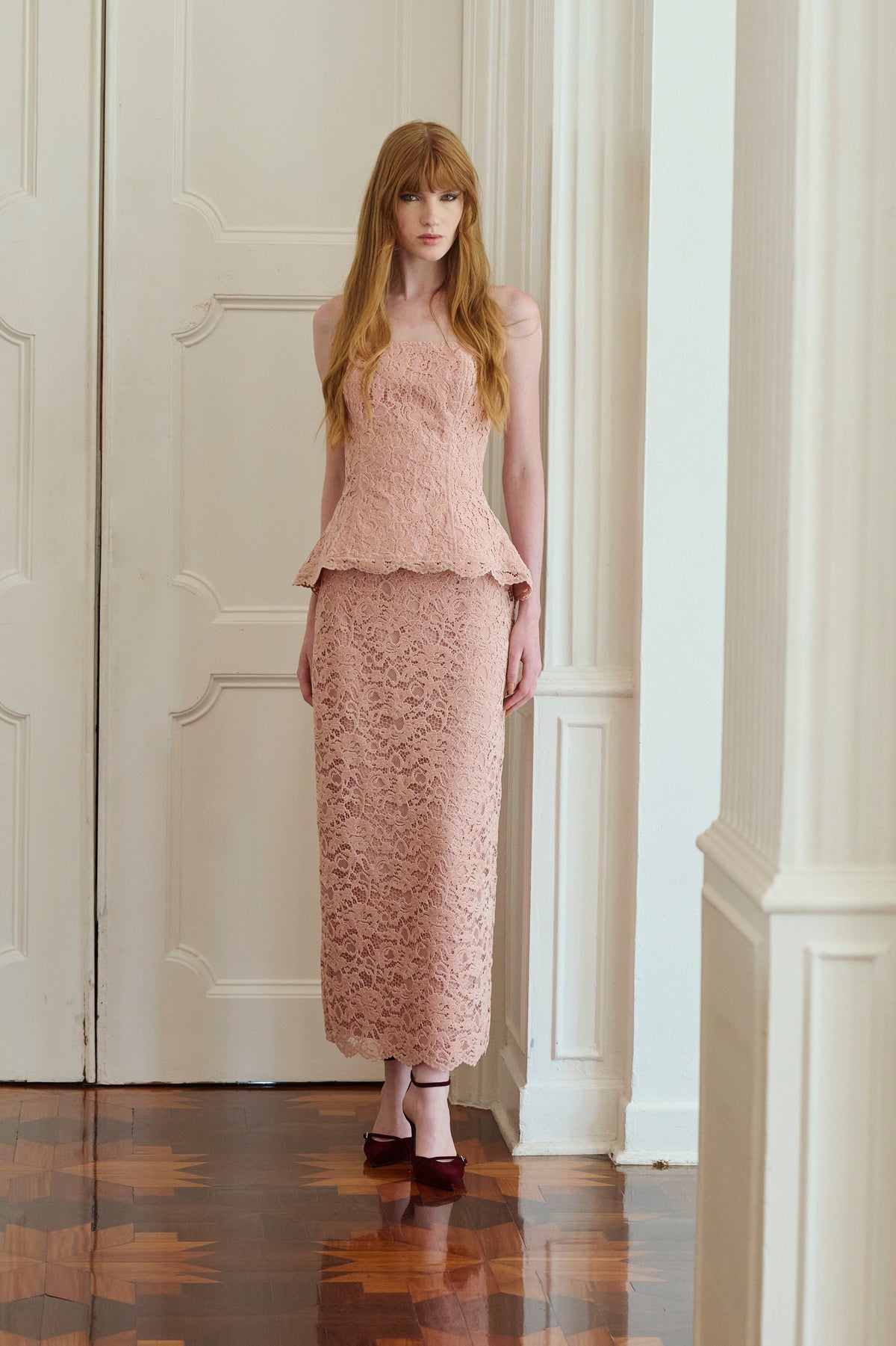 Dusty Rose Velvet Lace Two Piece Peplum Top and Matching Midi Skirt with Back Slit
