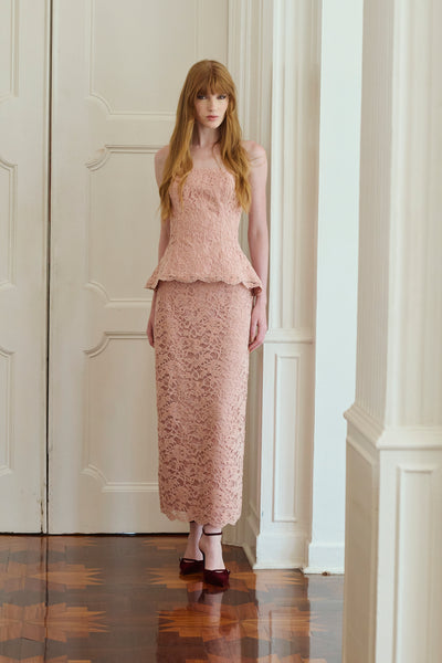 Dusty Rose Velvet Lace Two Piece Peplum Top and Matching Midi Skirt with Back Slit