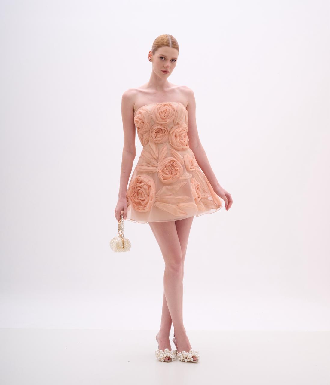 Peach Strapless Mini Dress with Floral Tulle Overlay