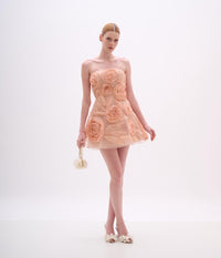 Peach Strapless Mini Dress with Floral Tulle Overlay
