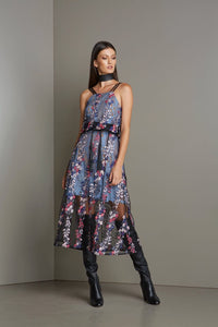 Black and Blue Tulle Floral Embroidery Midi Dress