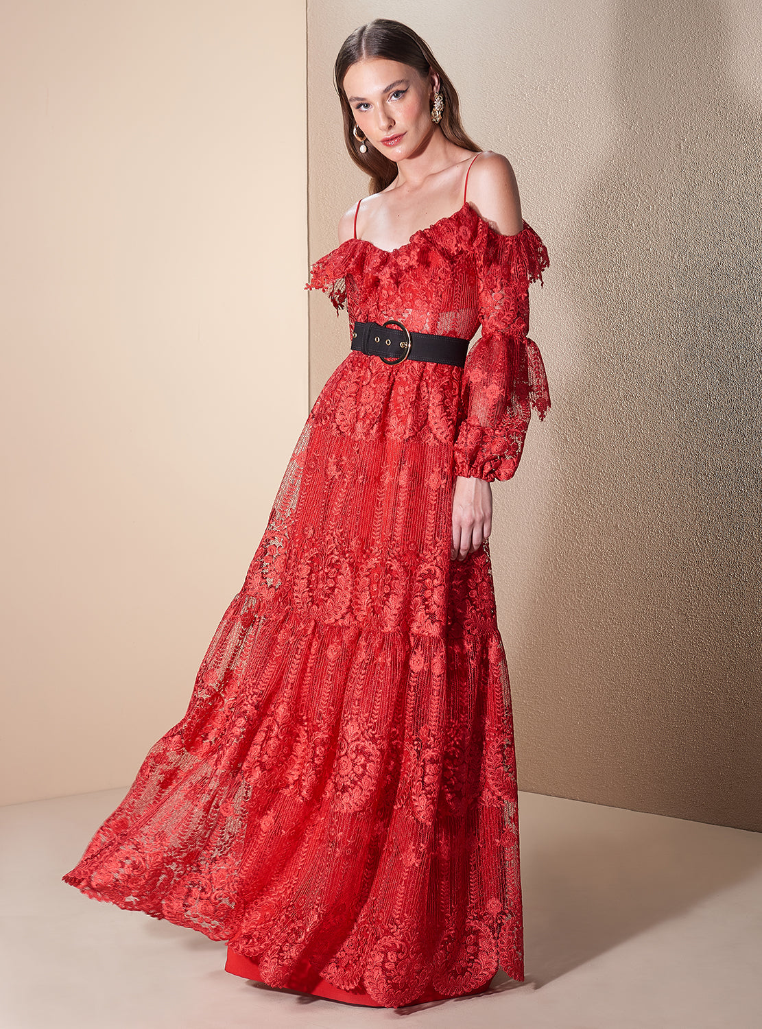 Red Long Sleeve Lace Long Dress