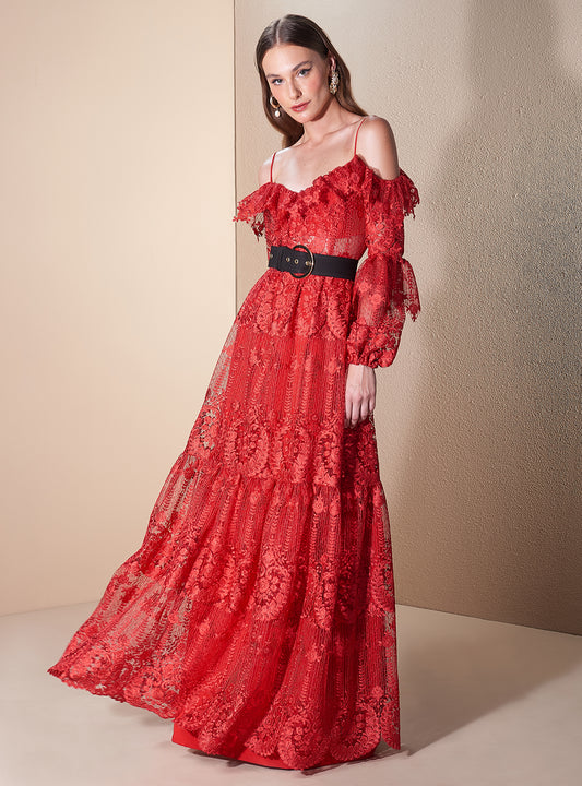 Red Long Sleeve Lace Long Dress
