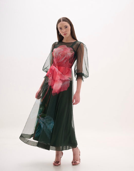 Green and Pink Rose Tulle Midi Dress