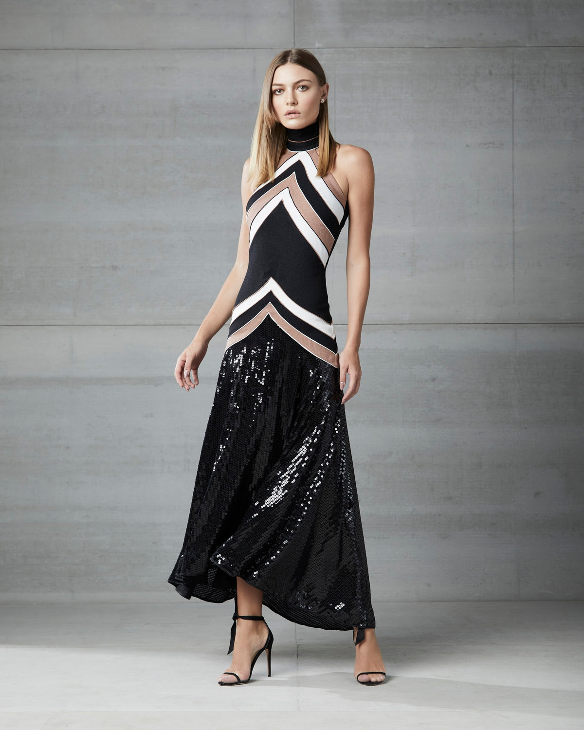 Black Tri-Color Geometric Halter Sequin Bottom Dress
