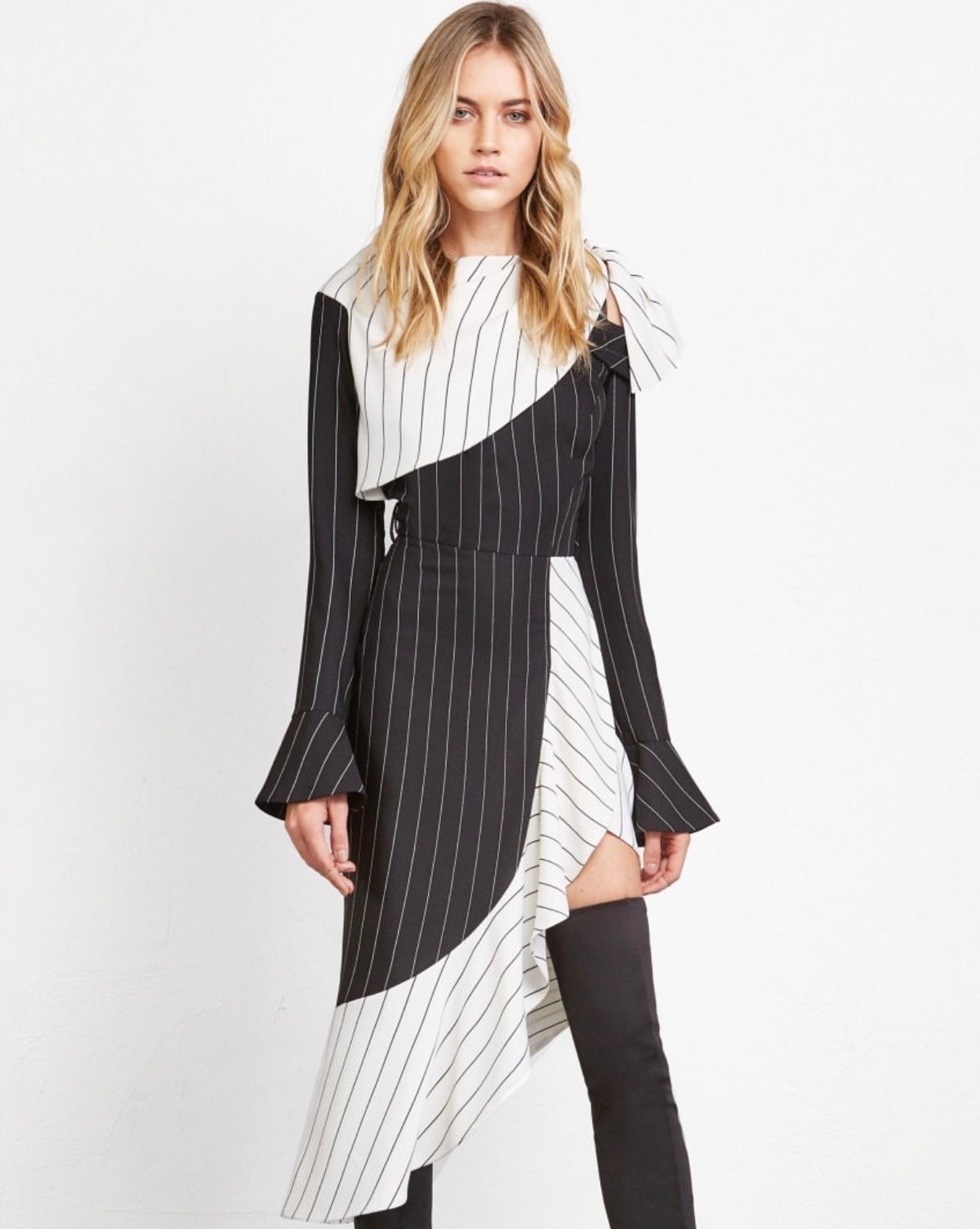Black and White Pin Striped Ruffled Midi Dress