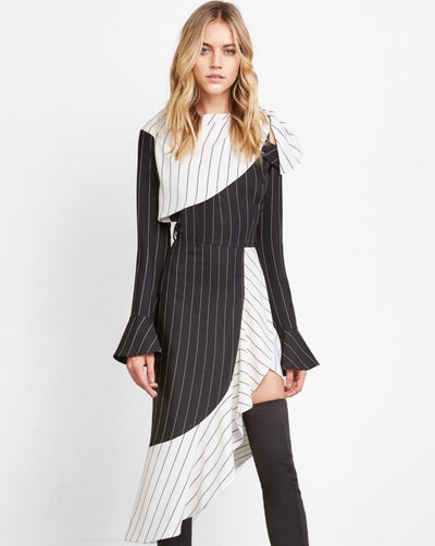 Black and White Pin Striped Ruffled Midi Dress