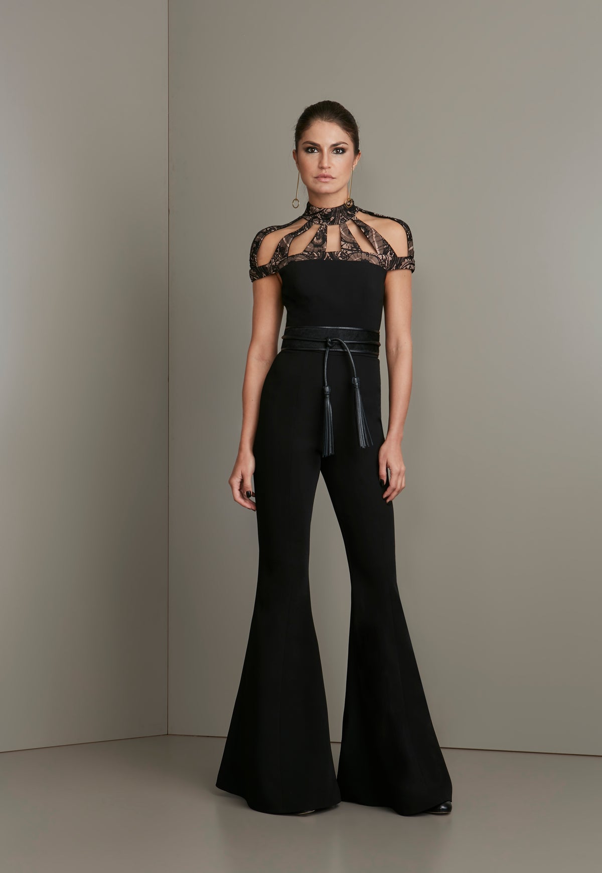 Black Bell Bottom Jumpsuit with Nude and Black Lace Top Cutouts